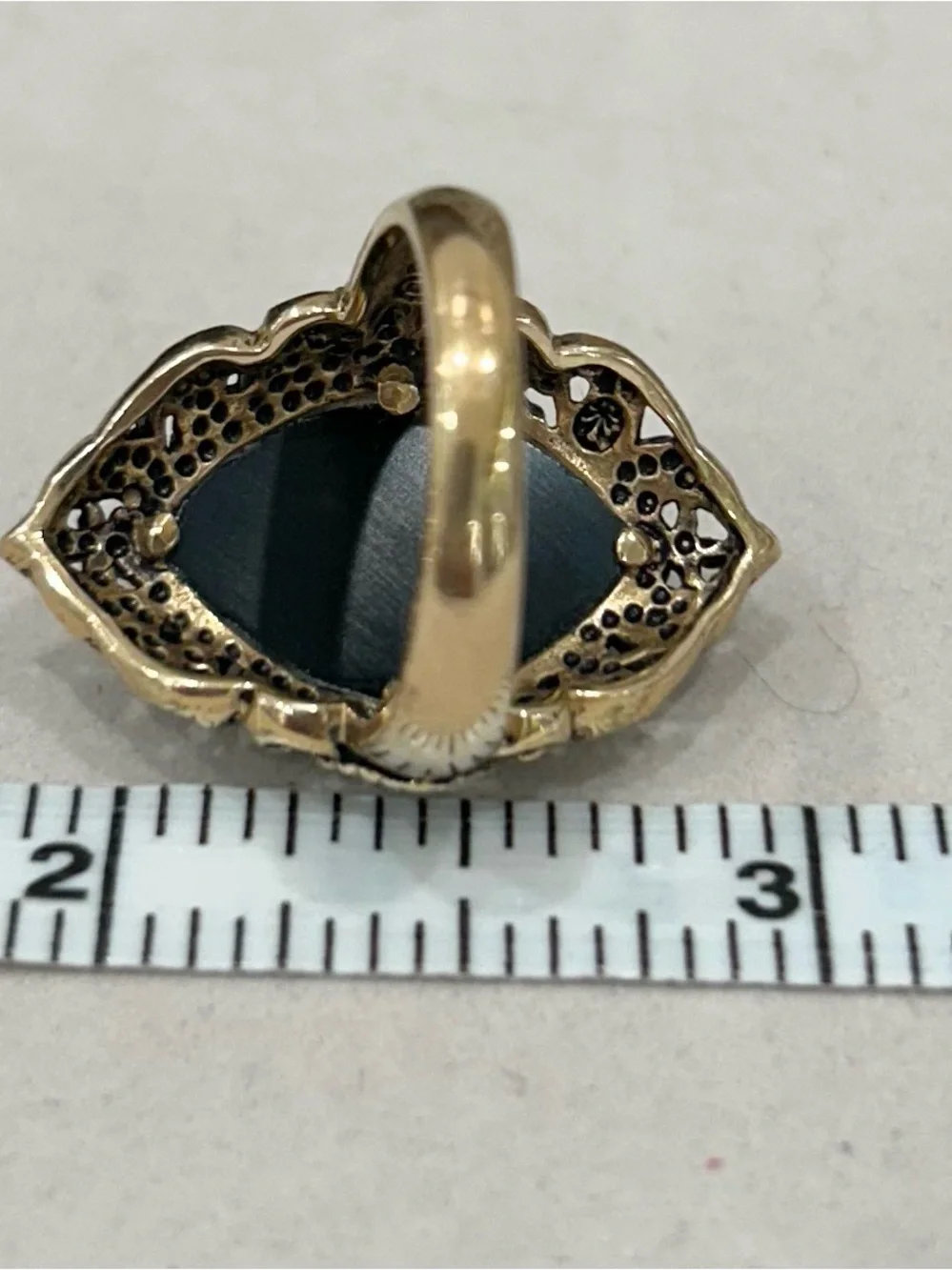 Barse Black Onyx Stone Bronze Filigree Ring with Gold-Tone Accents